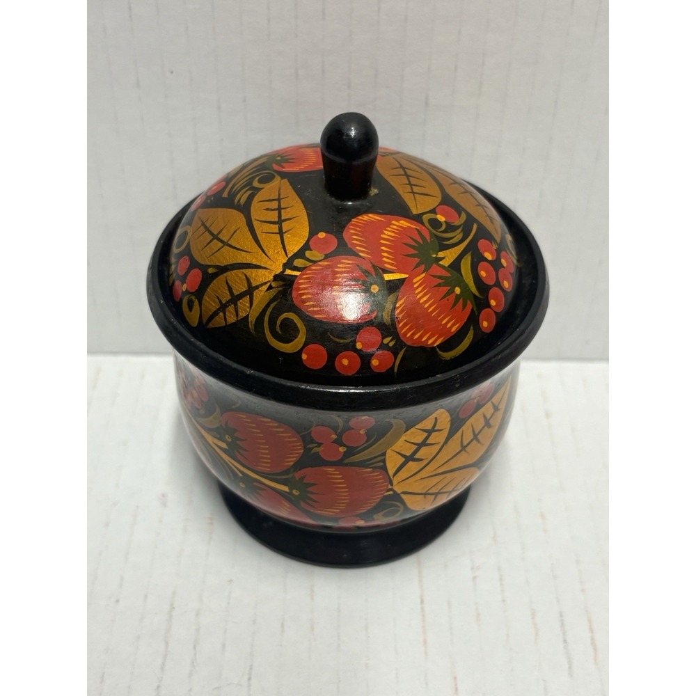 Russian Khokhloma Jar  4 in tall Lidded Wood Lacquer‎ plus 4 spoons - Picture 7 of 11